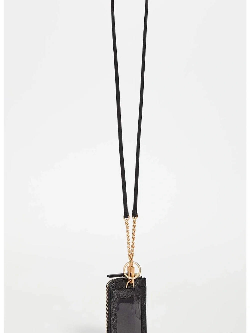 Tory Burch Black Leather Cardholder with Gold Chain Lanyard and Logo